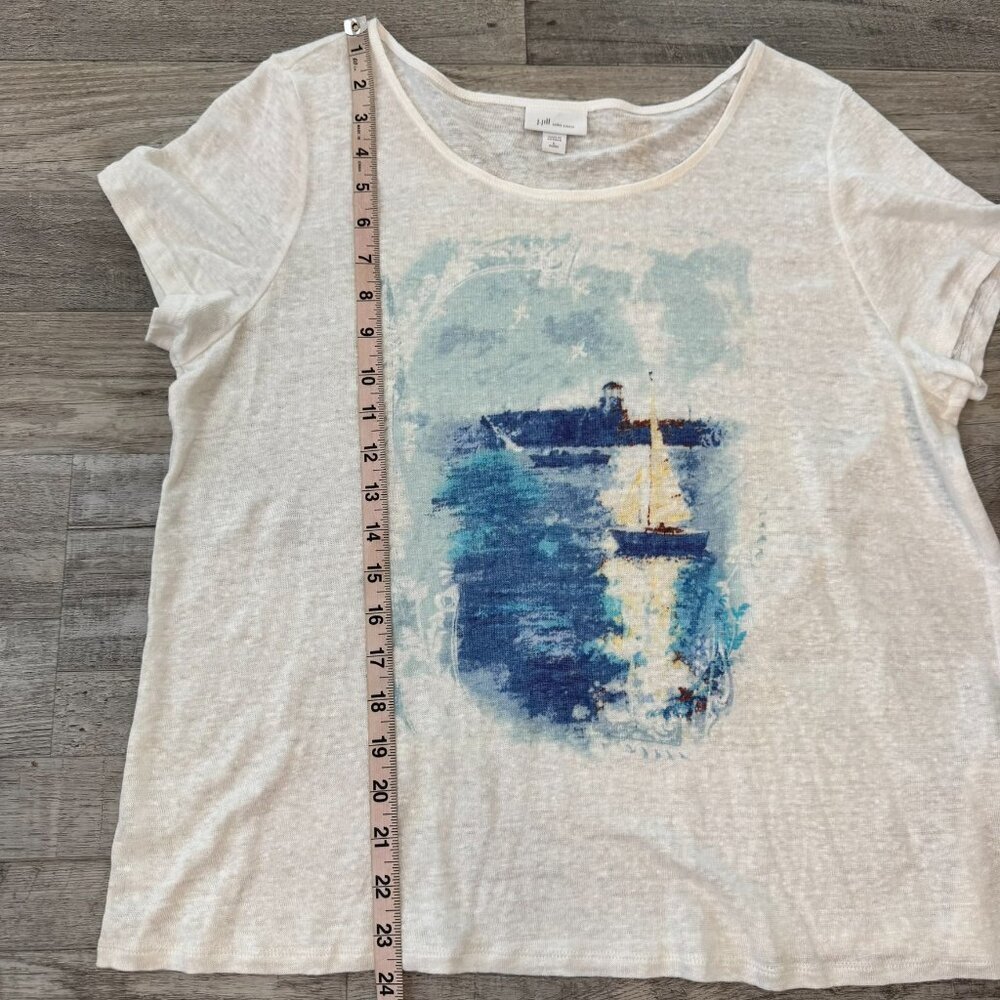 J Jill Love Linen white top sailboat graphic semi sheer large petite G29 - Picture 4 of 6